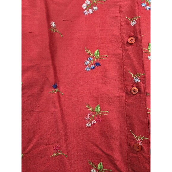 Vtg Neiman Marcus Top Women Red Button Up Shirt Silk Floral Embroidered Small - Picture 2 of 9